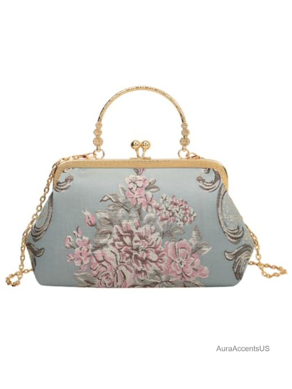 Vintage Floral Embroidery Evening Purse with Chain Strap and Kiss Lock